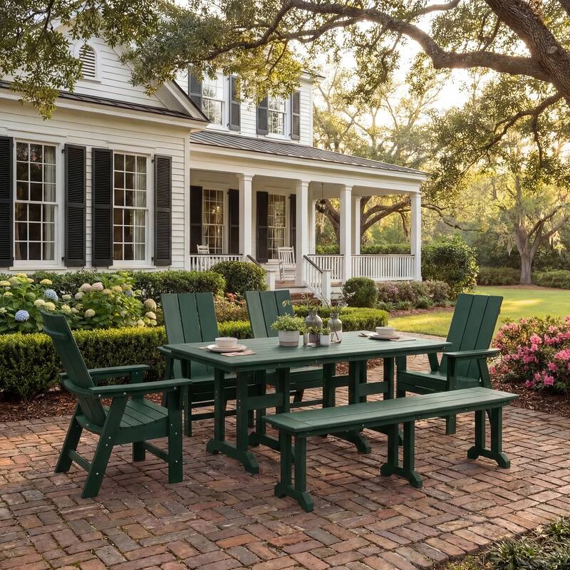 Shoreside 6-Piece Rectangular Poly Eco-Friendly All Weather Outdoor Dining Set with Bench - Dark Green