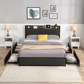 Curated visual reference: Queen Bed Bathroom Decor Reference: Metal Platform Bed W 4 Drawers Gray Upholstered Headboard Queen