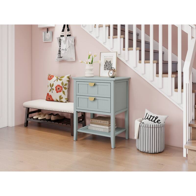 Roomfitters 2 Drawer Side Table, Wooden Nightstand End Table with Storage for Bedroom, Living Room, Light Grey