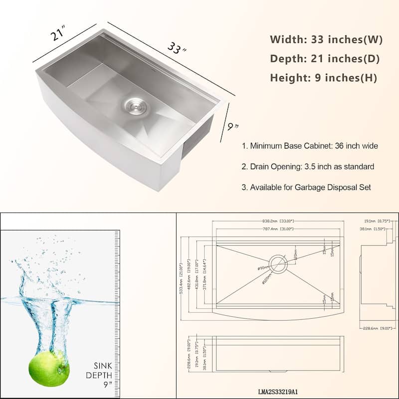 Lordear 33/30/36 inch Farmhouse Kitchen Sink Workstation Single Bowl Stainless Steel Sink Basin