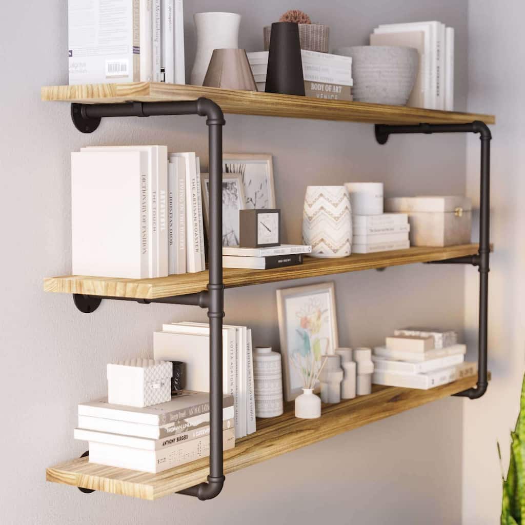 Wallniture 60"x 10" Pipe Shelves, Wood Shelving Unit, Wall Shelves for Books, Long Wall Shelf, Burnt, 3-Tier