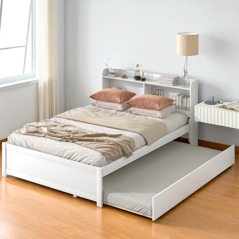 Twin/Full Bed Frame with Pull-Out Trundle and Bookcase Headboard, No Box Spring Needed