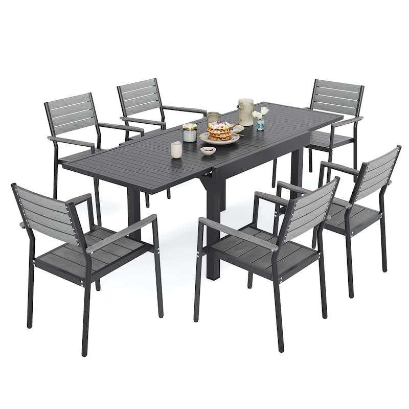 Outdoor 5/7/9 PCS Patio Dining Set Expandable Table with Stackable Dining Chairs - Black Table & Grey Chair - Set of 7