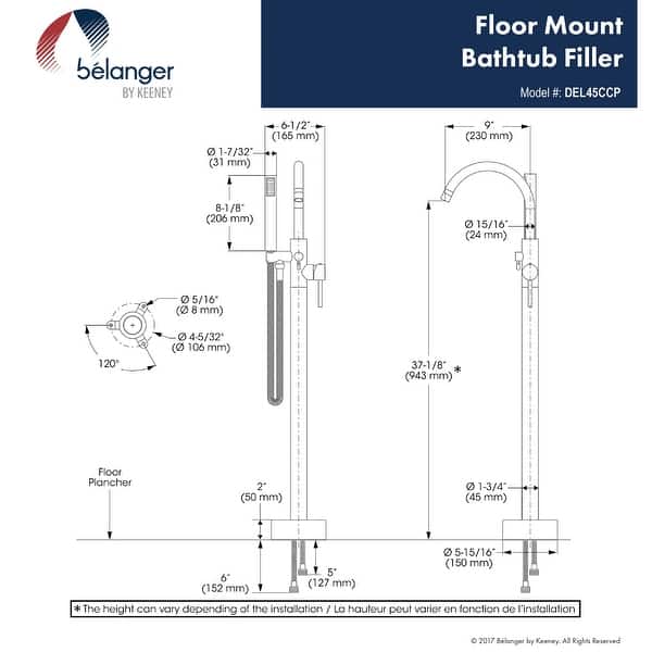 dimension image slide 1 of 2, Belanger Single Handle Floor Mounted Freestanding Tub Filler