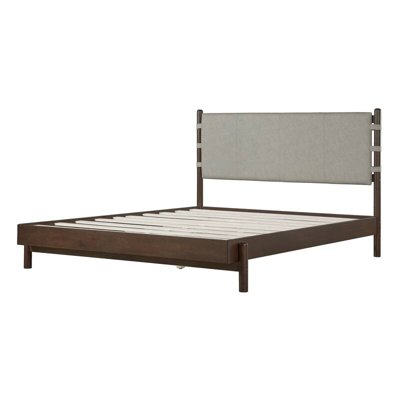 Queen Size Rubber Wood Platform Bed with Mid-Century Headboard and 500lb Capacity