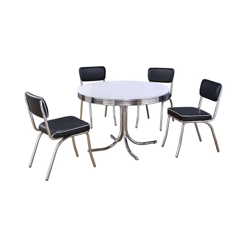 Loy 5pc Dining Table and Chair Set, Black Faux Leather, Retro White Round