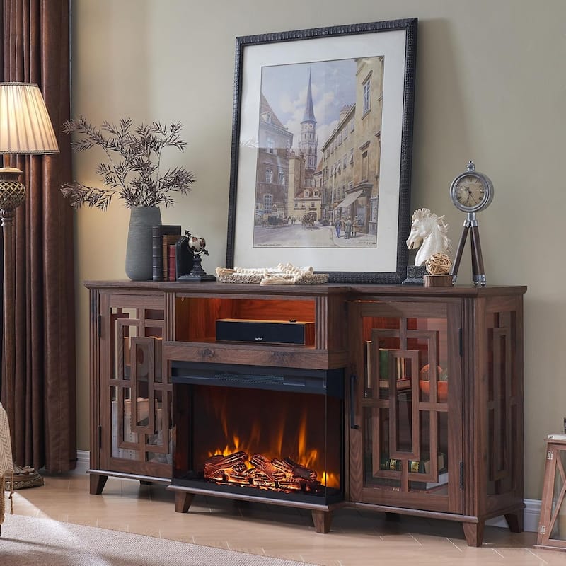Farmhouse 3-Sided Glass Fireplace TV Stand for 75" TV, Media Console - Brown