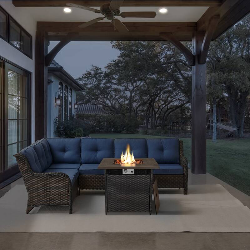 Gymojoy 2-Piece Outdoor Wicker Patio Furniture with Fire Pit and L-shaped Sectional Sofa, Coversation Set with Thick Cushions