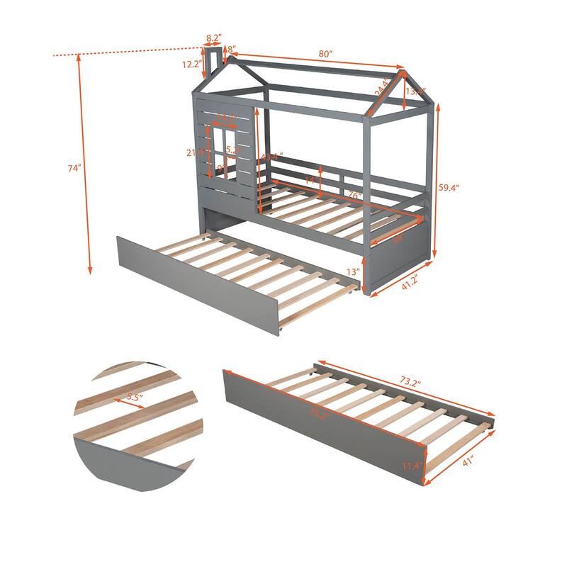 Twin House Bed with Trundle, Roof & Windows