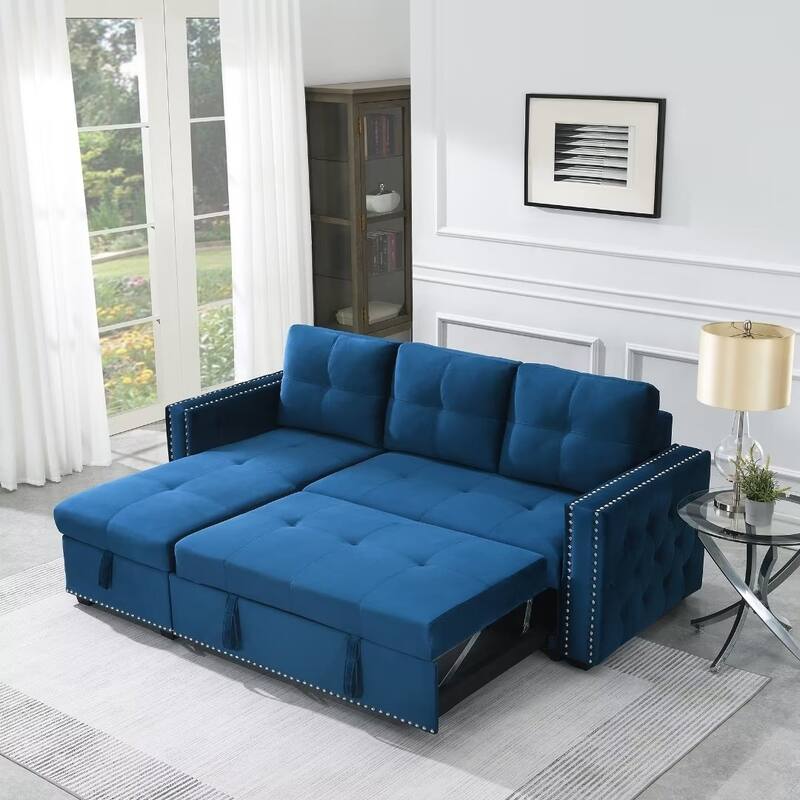 Morden Fort Reversible L-Shaped Sofa Bed with Storage - Velvet Upholstery, Button Tufting, and Nailhead Trim