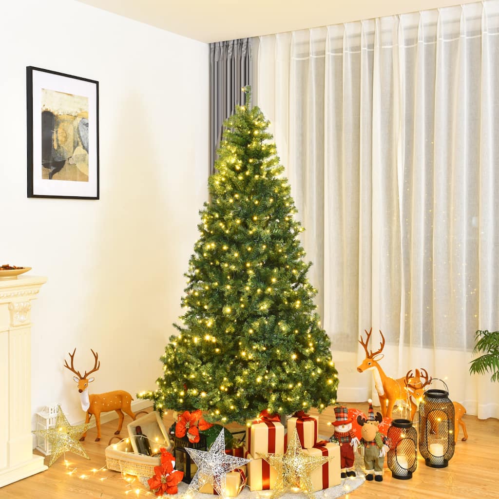 Gymax 7FT Pre-Lit Christmas Tree Hinged Artificial Tree w/ Colorful - 7 ft