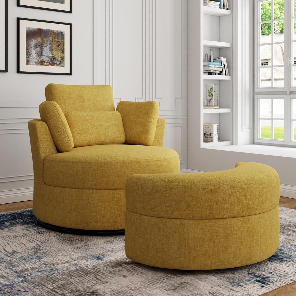 Chenille/Boucle Swivel Barrel Chair with Storage Ottoman