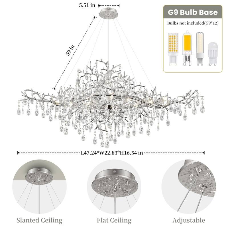 47 in. Raindrop Chandeliers, 12-Light Luxury Crystal Silver Tree Branch Chandelier for Dining Room, Kitchen Island,