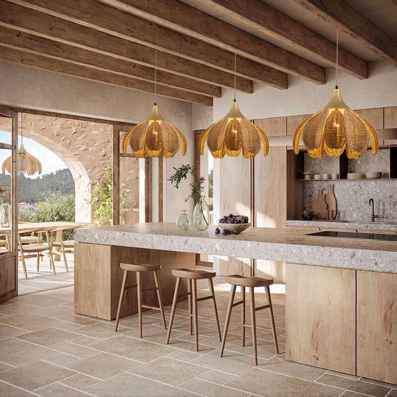 Kamala 1-Light Rattan Hemp Floral Pendant, Modern Coastal Boho - Handwoven