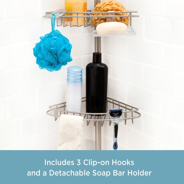Kenney 3-Tier Stainless Steel Spring Tension Shower Corner Pole Caddy with Four Clip-on Hooks and Razor Holders, Satin Nickel Kenney 3-Tier Stainless Steel Spring Tension Shower Corner Pole Caddy with Four Clip-on Hooks and Razor Holders, Satin Nickel