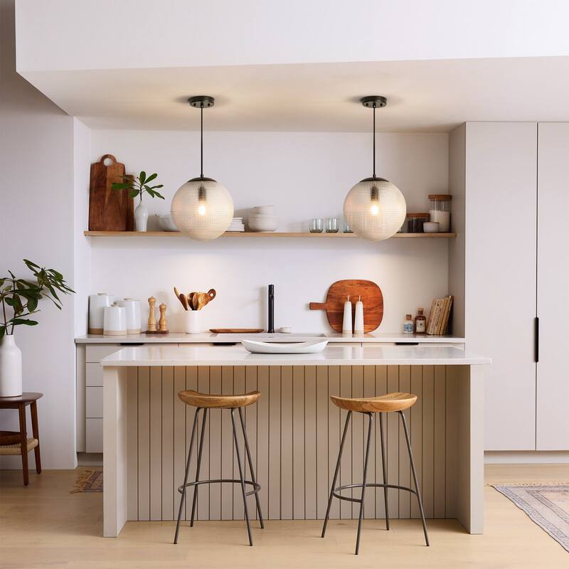 1-Light Modern Indoor Matte Black Finish Kitchen Island Pendant Lights with Globe Diamond Textured Grey/Clear Glass Shade