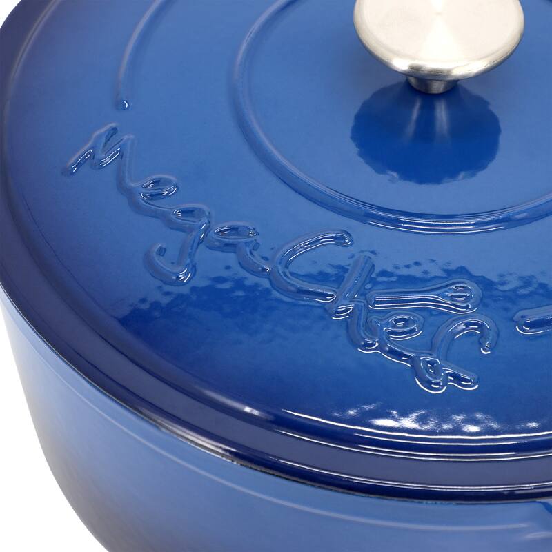 6.35 Quart Enameled Cast Iron Double Handle Dutch Oven Self Basting Lid in Deep Blue