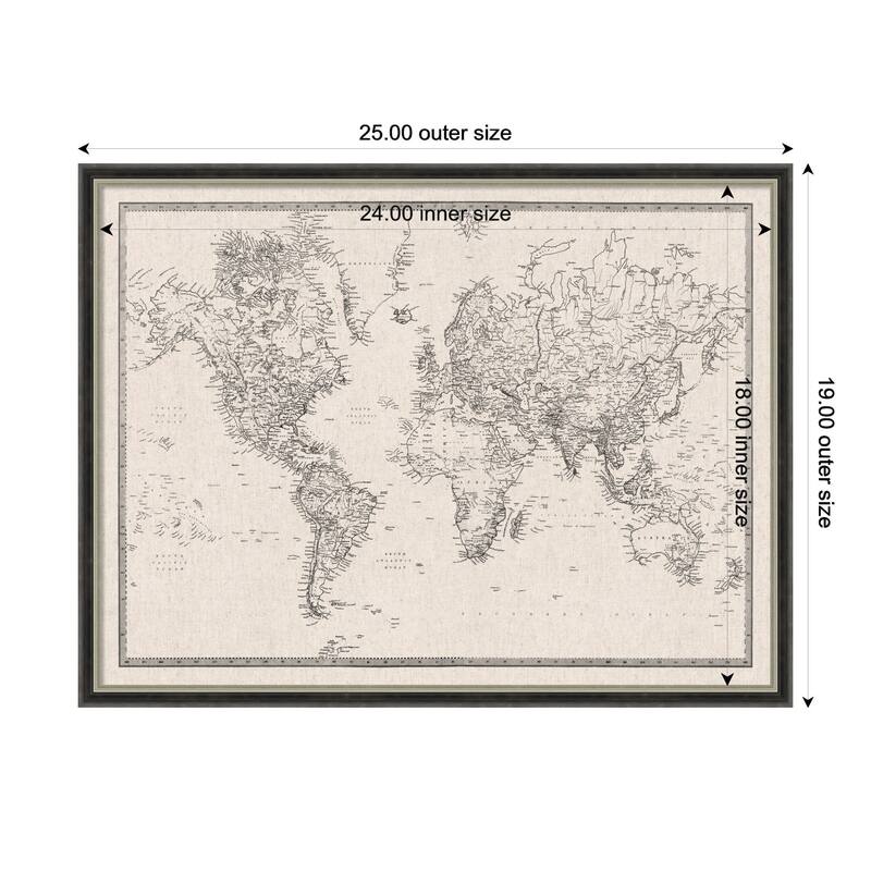 Kate and Laurel Framed Fabric Pinboard Vintage Black and White Linen World Map Wall Organization