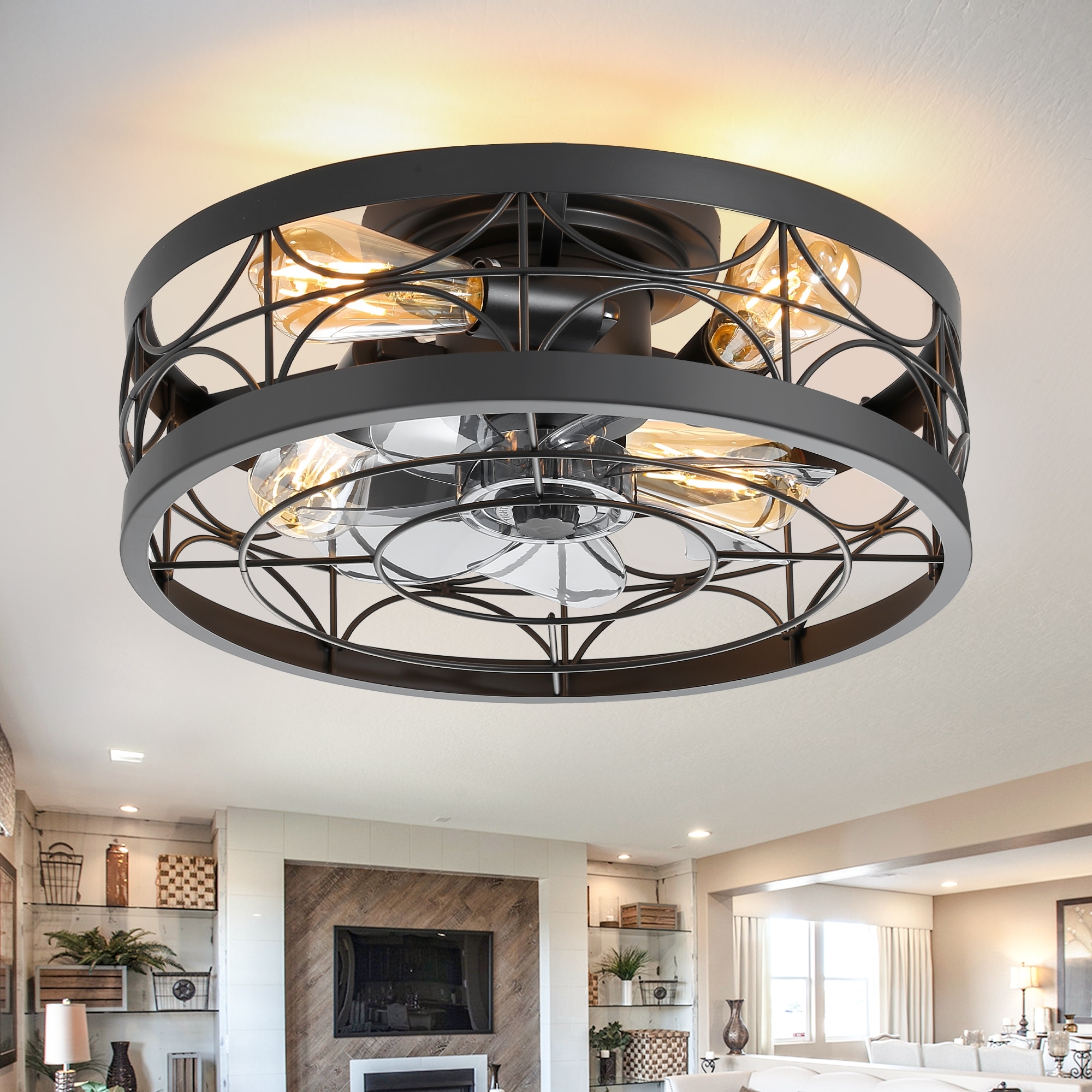 16.5" Vintage Cage Ceiling Fan with Light, 7 ABS Blades, 6-Speed DC Motor, Quiet Low Profile Flush Mount, Reversible Airflow