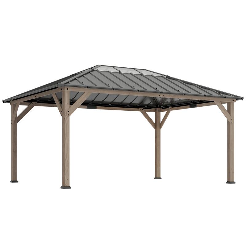 Outsunny 12' x 16' Hardtop Gazebo with Galvanized Steel Roof, Wood Permanent Pavilion Canopy Shelter with Roof Top,Light Walnut
