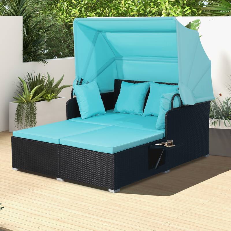 Costway Patio Rattan Daybed Lounge Retractable Top Canopy Side Tables - See Details