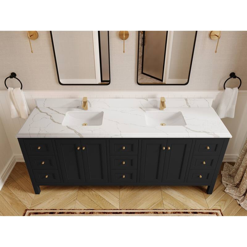 Willow Collections 84 in. W x 22 in. D Nashville Double Bowl Sink Bathroom Vanity with Countertop - 1.5”Calacatta Laza - Black