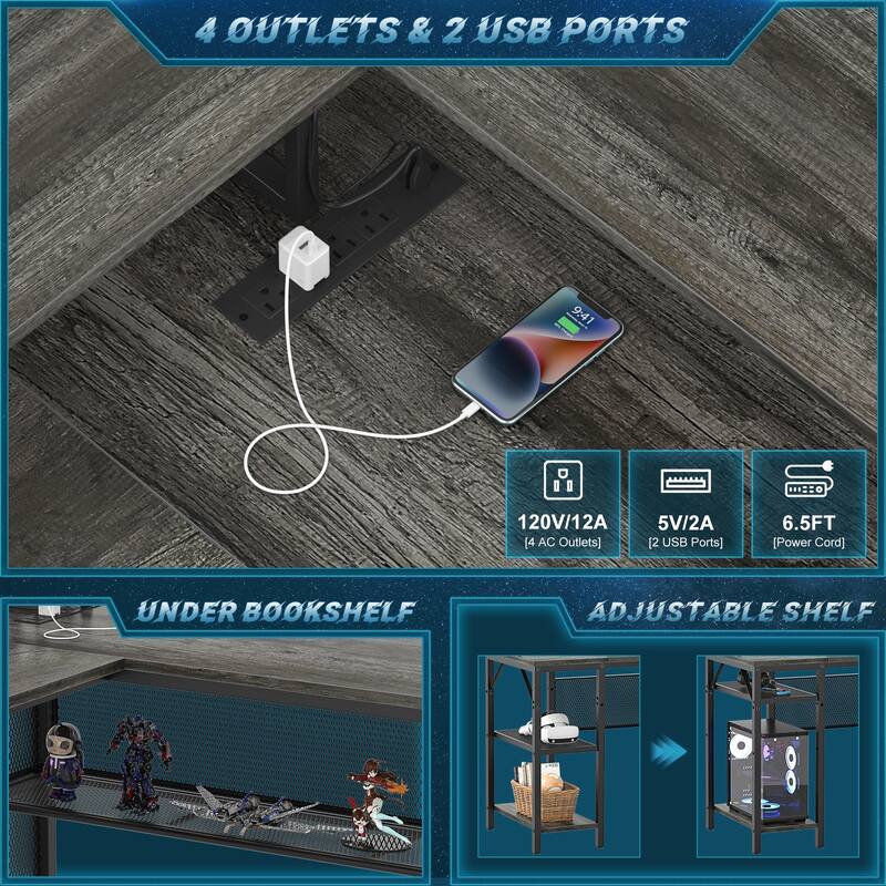 L Shape Computer Desk Reversible Gaming Desk with Charge Station and LED Light