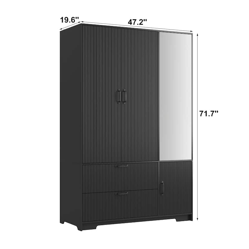 Black 4 Doors Wardrobe Closet Storage Cabinet with Mirror, Minimalist Armoire Closet with Hanging Rod