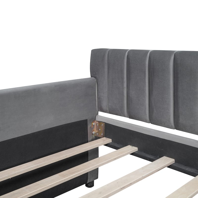 Velvet Upholstered Bed, Twin Size Daybed with 2 Built-in Drawers, 2 Armrests, Backrest and Wood Slat Support