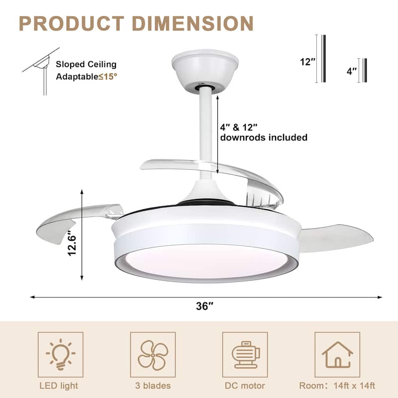 Bella Depot 36" Modern Retractable Ceiling Fan with Dimmable Led Light and Remote, 6-Speed Reversible DC Motor