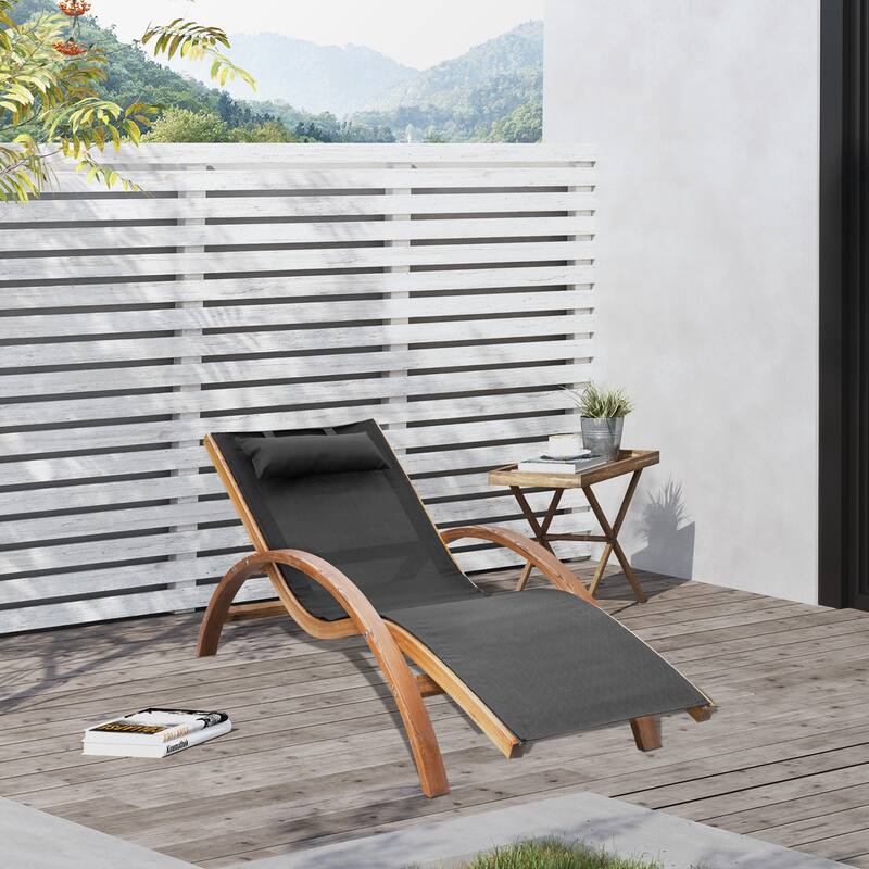 Outdoor Curved Chaise Wood Lounge Chair with Pillow & Armrests, Weather-Resistant Breathable Mesh Reclining Chair - Black