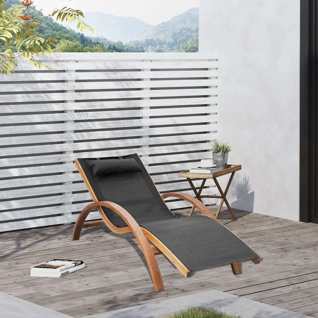 Outdoor Curved Chaise Wood Lounge Chair with Pillow & Armrests, Weather-Resistant Breathable Mesh Reclining Chair