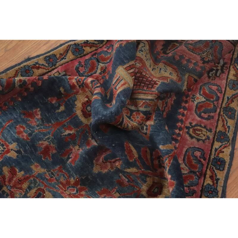 Hand Knotted Oriental 100% Wool Carpet Traditional Floral Navy Blue & Blues Kashan Area Rug - 5' 11'' X 2' 7''