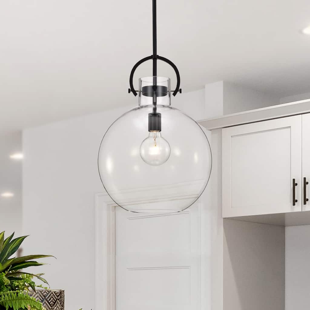 Matte Black 1-Light 14 Inch Globe Shaped Clear Glass Pendant