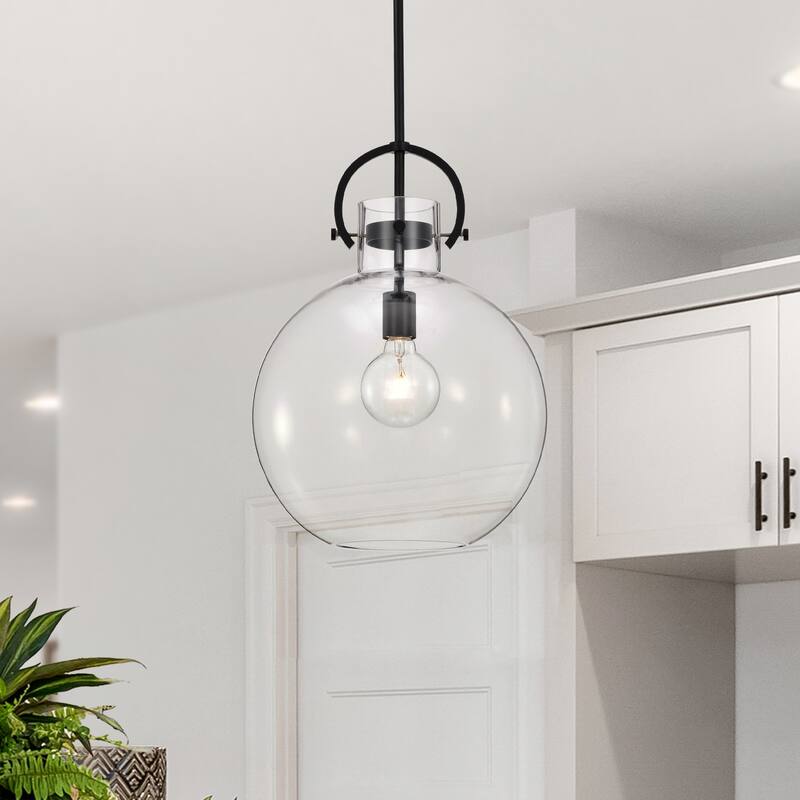Matte Black 1-Light 14 Inch Globe Shaped Clear Glass Pendant