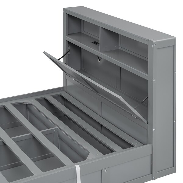 Storage Bed Queen Size Wood Bed Frame with Socket & LED - On Sale