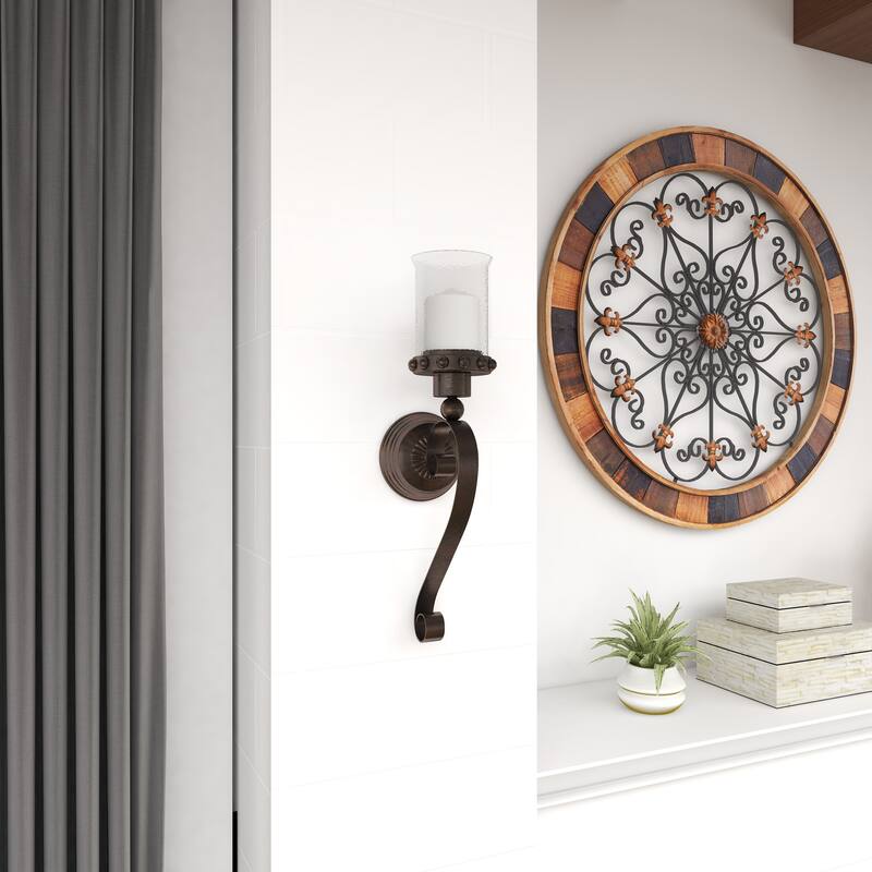 Brown Metal Studded Pillar Scroll Wall Sconce - 6 x 5 x 20