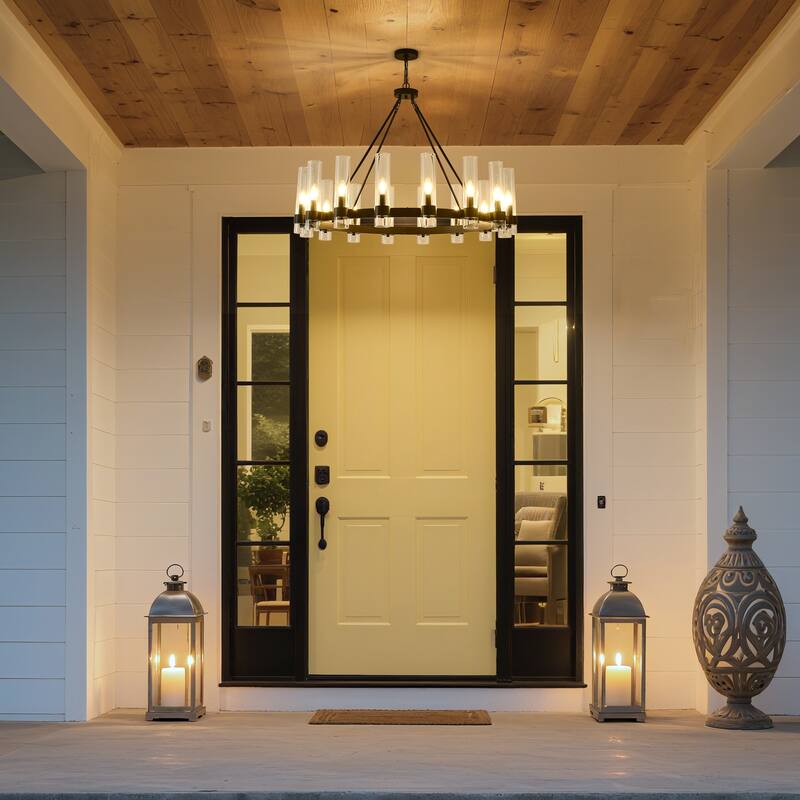 16 - Light Circular Chandelier, Gold/Black, Glass & Metal