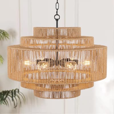 4/6-Light Boho 5-Tier Hand Woven Rattan Drum Chandelier