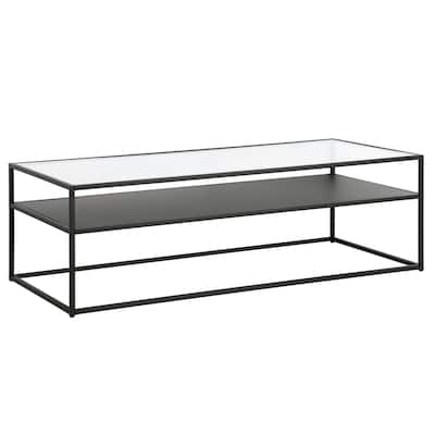 54" Modern Black Rectangular Glass Coffee Table with Steel Frame and Storage Shelf for Living Room - 54"L x 24"W x 17"H