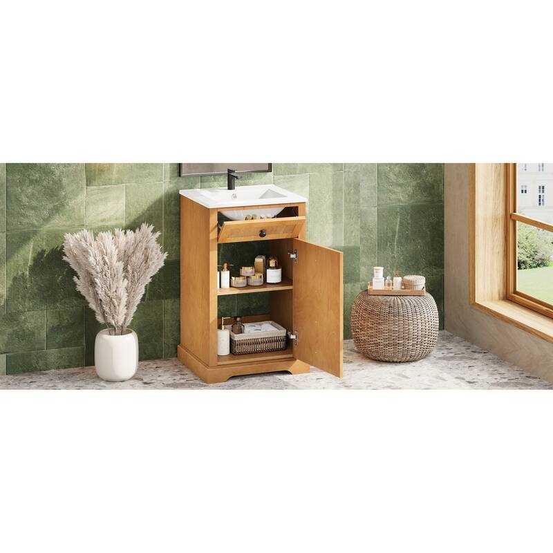 20" Bathroom Vanity with Integrated Ceramic Sink, Bathroom Cabinet with Soft-Closing Door, Solid Wood Bottom Frame