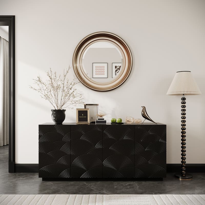 Wood Sideboard Buffet Cabinet, 4 Doors Accent Storage Sideboard, 59" Floor Cabinet Buffet Freestanding Console with Anti Dumping - Black