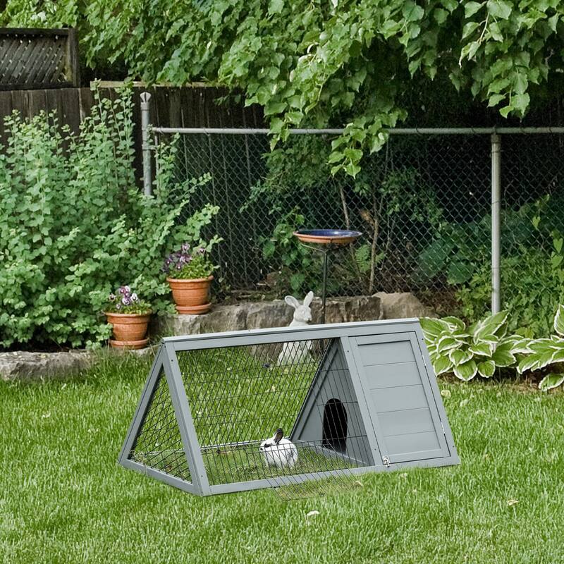 Grey Wooden Pet House with Indoor Sleeping Area & Outdoor Run, Triangular Weatherproof Design - 45.75" L x 24.5" W x 20.75" H