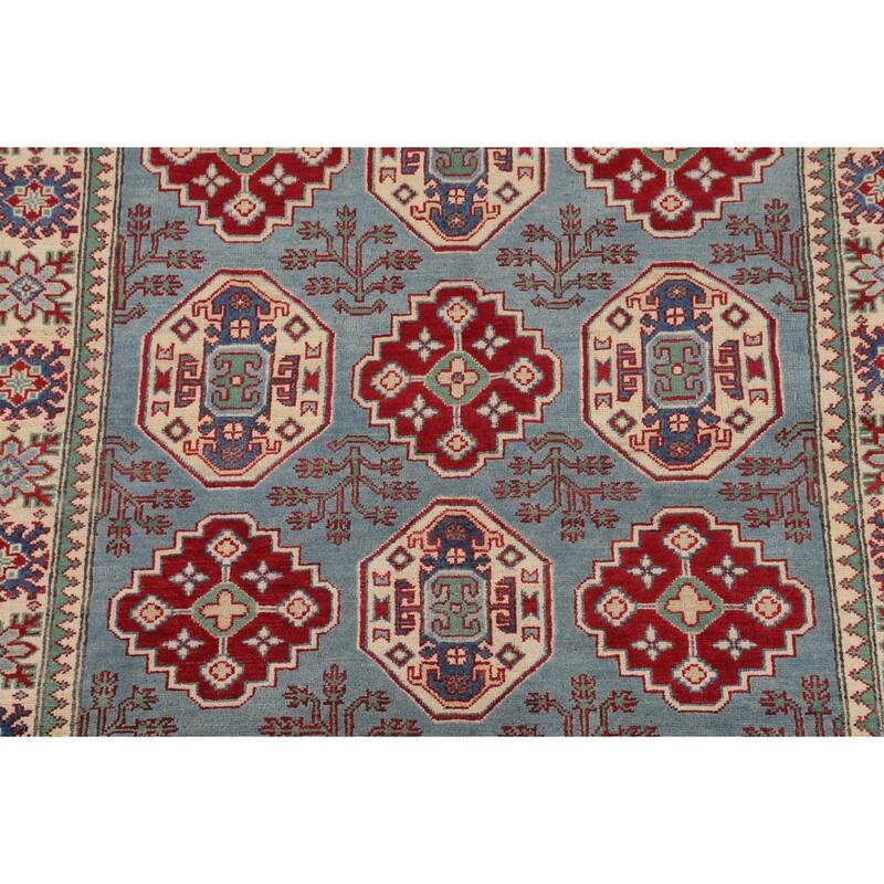 Light Blue Geometric Kazak Rug Hand-Knotted Oriental Wool Carpet - 4'11" x 6'8"