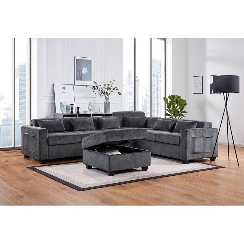 Trey 115"W Gray Chenille Sectional with Adjustable Backrest, Charging Ports, Pockets, Tufting, Storage Ottoman, Throw Pillows