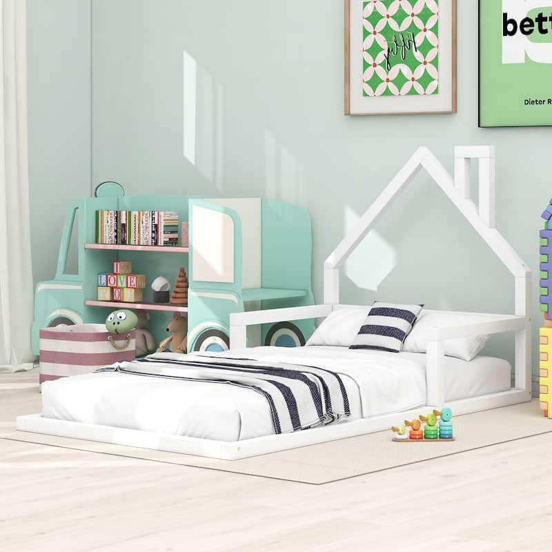 Playful Twin/Full House-Shaped Floor Bed for Kids, No Box Spring Required - White - Twin