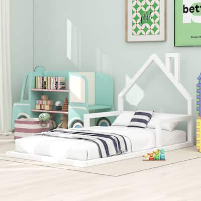 Twin/Full Wood Floor Bed with House-Shaped Headboard, Modern Bed for Kids, No Box Spring Needed, Pine Wood Frame