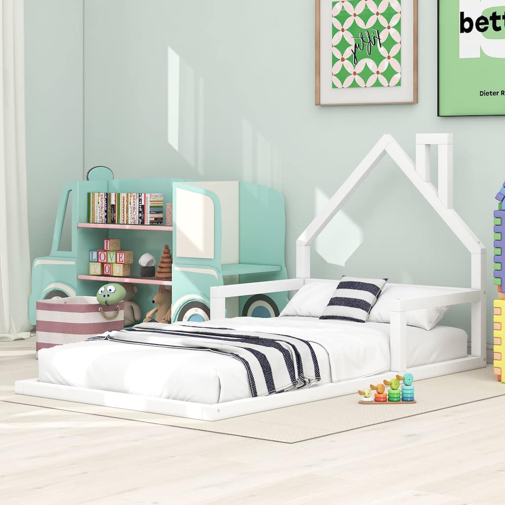 Twin Size Floor Bed with House-shaped Headboard in White