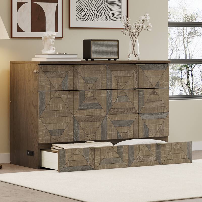 Brown Farmhouse Murphy Bed with Charging Station, Large Drawer, Foldable Platform Bed Convert Geometric Veneer Cube Cabinet