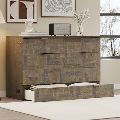 Farmhouse Style Queen Size Cabinet Murphy Bed with Charging Station and Large Storage Drawer